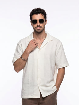 White Cuban Collar Solid Cotton Oversized Men's Shirt