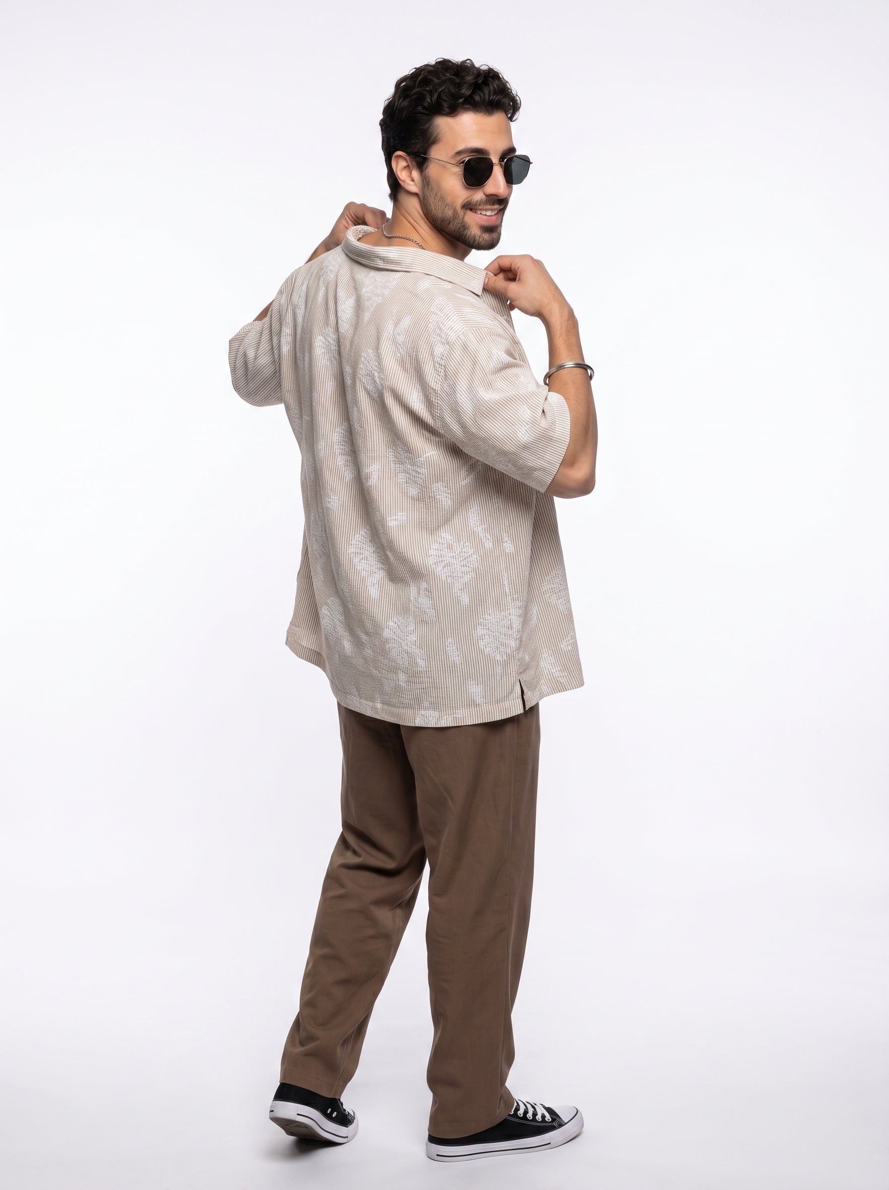 Brown Floral Stripes Print Cuban Collar Handloom Cotton Oversized Men's Shirt