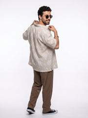 Brown Floral Stripes Print Cuban Collar Handloom Cotton Oversized Men's Shirt