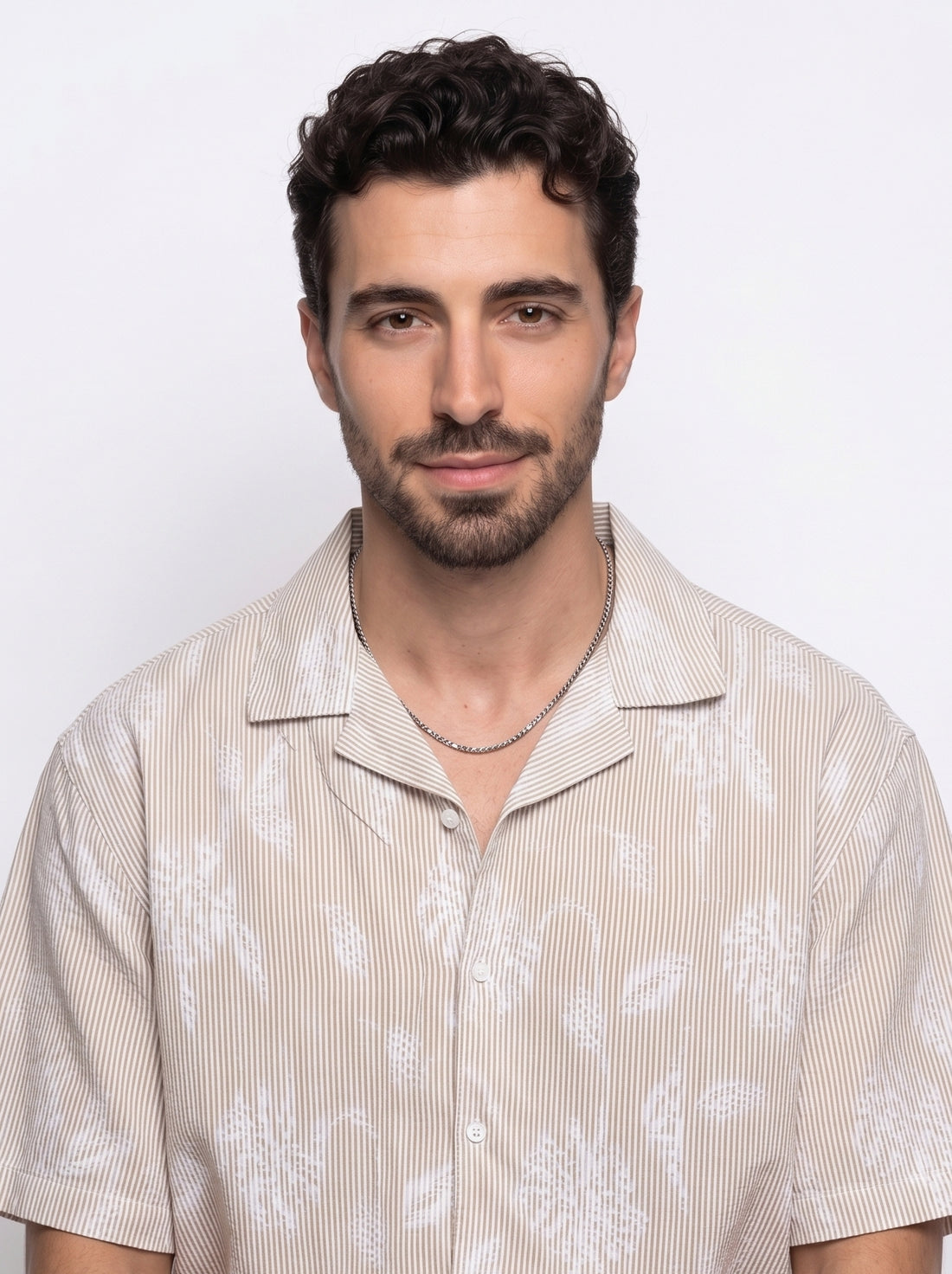 Brown Floral Stripes Print Cuban Collar Handloom Cotton Oversized Men's Shirt