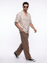 Brown Floral Stripes Print Cuban Collar Handloom Cotton Oversized Men's Shirt
