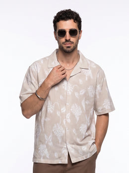 Brown Floral Stripes Print Cuban Collar Handloom Cotton Oversized Men's Shirt