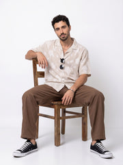 Brown Floral Stripes Print Cuban Collar Handloom Cotton Oversized Men's Shirt