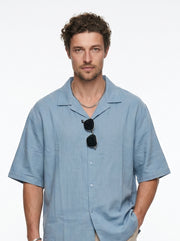 Blue Solid Band Collar Long Sleeves Cotton Oversized Men's Shirt