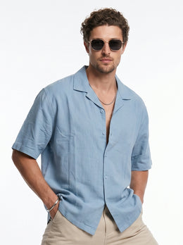 Blue Solid Band Collar Long Sleeves Cotton Oversized Men's Shirt