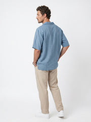 Blue Solid Band Collar Long Sleeves Cotton Oversized Men's Shirt