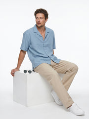 Blue Solid Band Collar Long Sleeves Cotton Oversized Men's Shirt