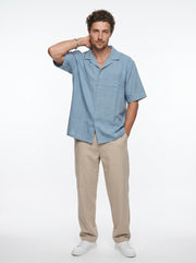 Blue Solid Band Collar Long Sleeves Cotton Oversized Men's Shirt