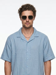 Blue Solid Band Collar Long Sleeves Cotton Oversized Men's Shirt
