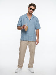 Blue Solid Band Collar Long Sleeves Cotton Oversized Men's Shirt