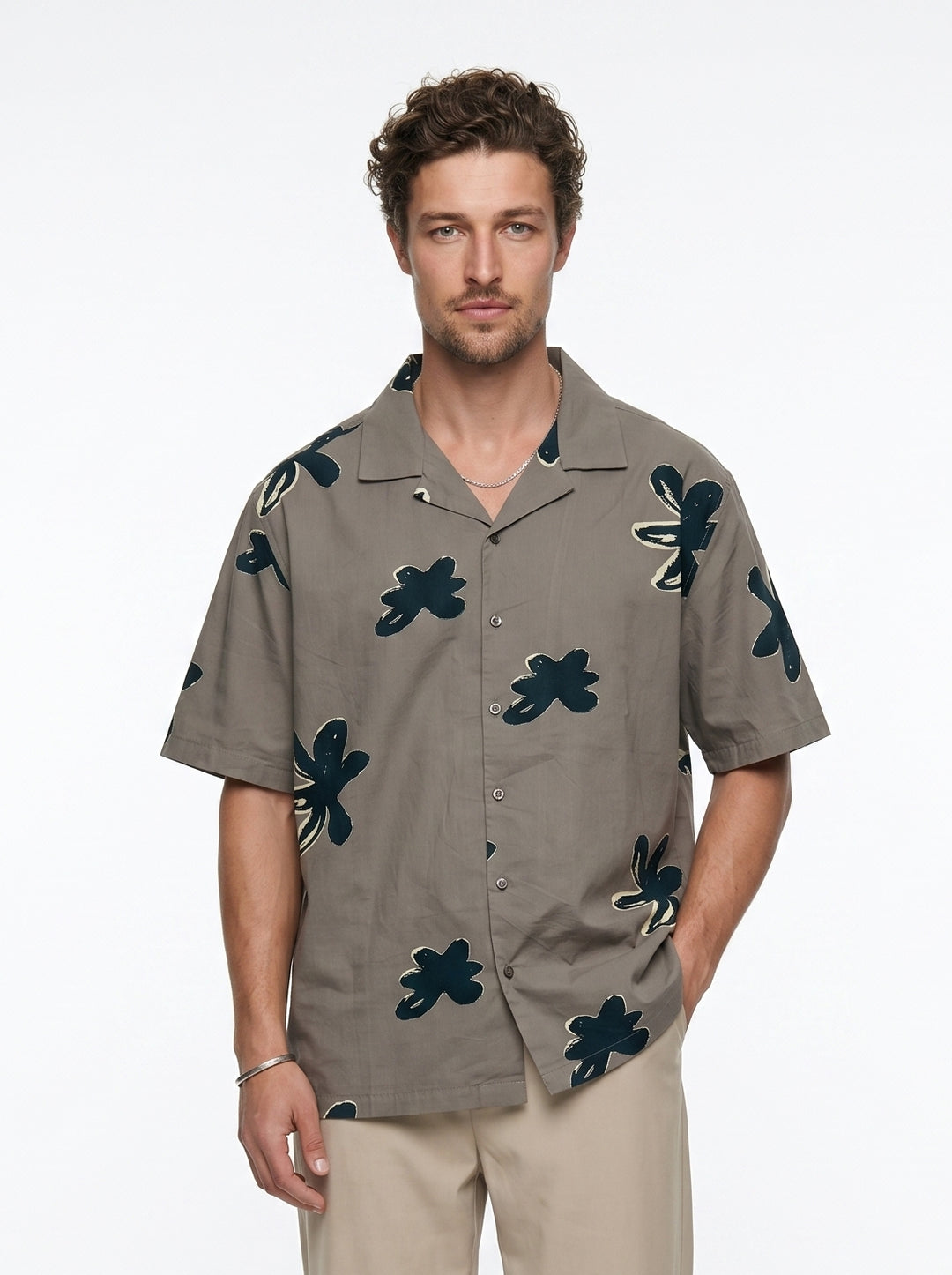 Grey Floral Print Cuban Collar Cotton Men's Shirt
