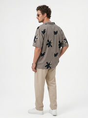 Grey Floral Print Cuban Collar Cotton Men's Shirt