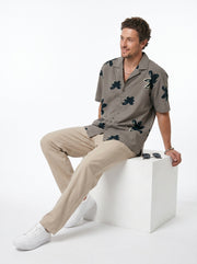 Grey Floral Print Cuban Collar Cotton Men's Shirt