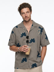 Grey Floral Print Cuban Collar Cotton Men's Shirt