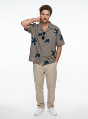 Grey Floral Print Cuban Collar Cotton Men's Shirt