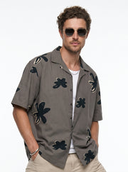 Grey Floral Print Cuban Collar Cotton Men's Shirt