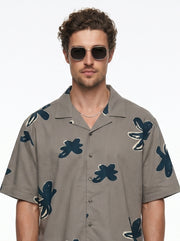Grey Floral Print Cuban Collar Cotton Men's Shirt