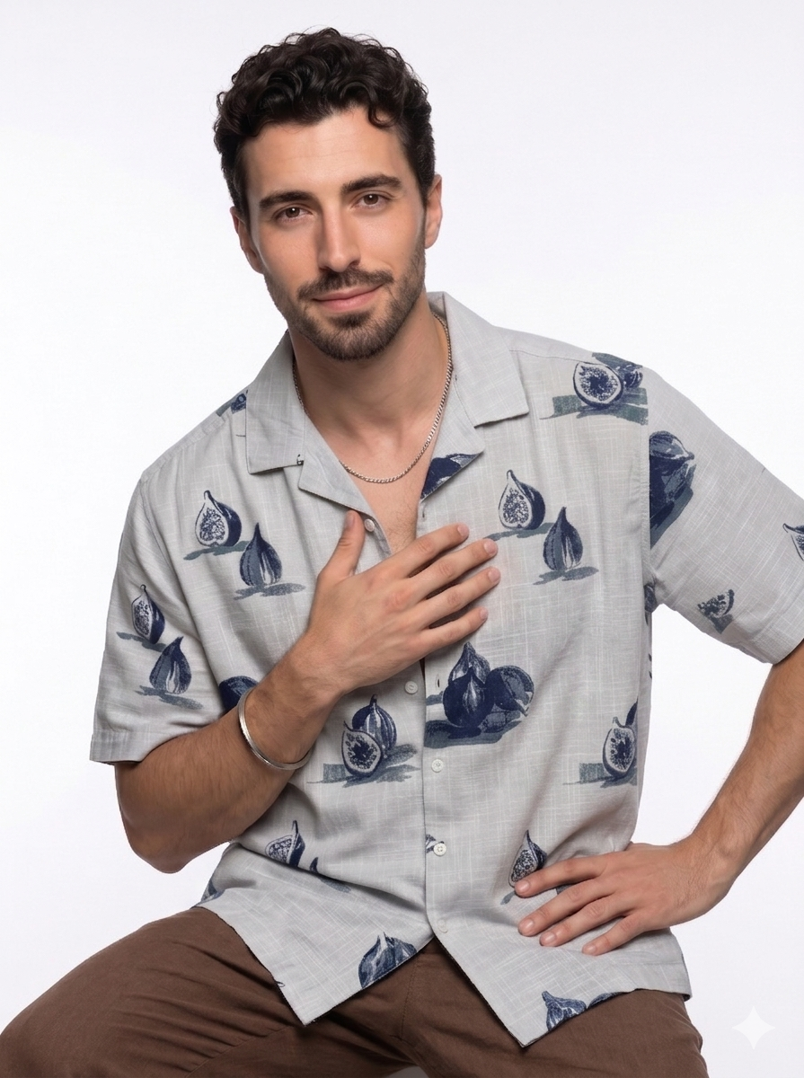 Blue Conversational Print Cotton Cuban Collar Oversized Men's Shirt