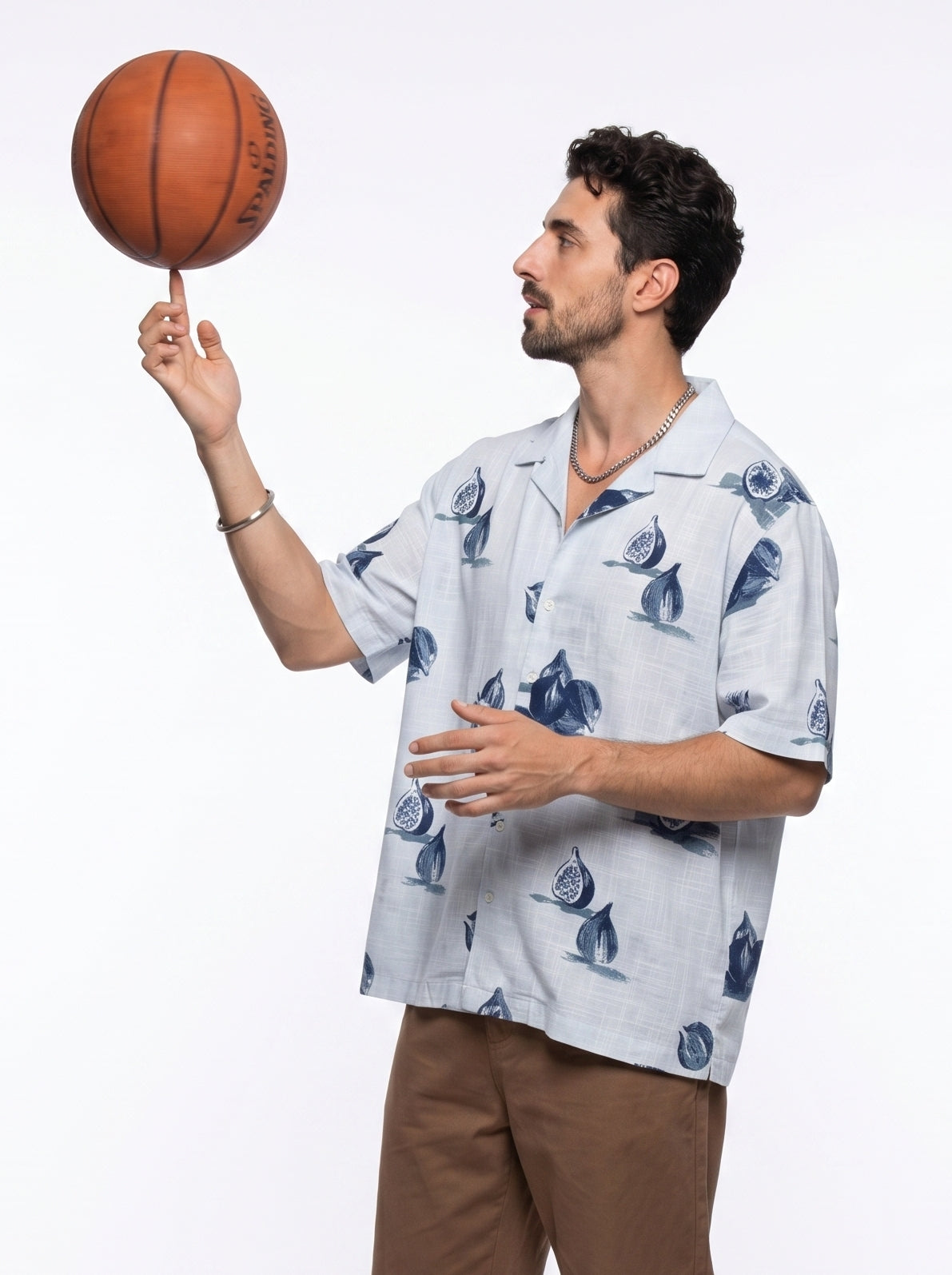 Blue Conversational Print Cotton Cuban Collar Oversized Men's Shirt