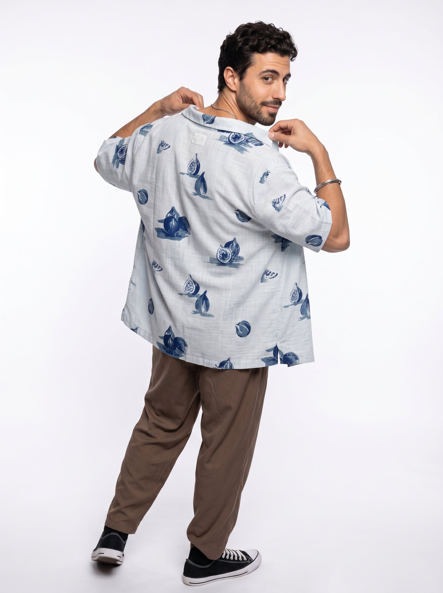 Blue Conversational Print Cotton Cuban Collar Oversized Men's Shirt