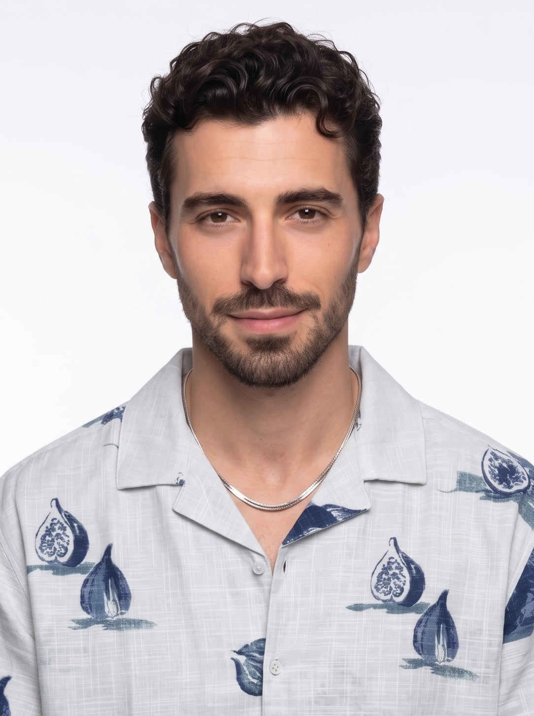 Blue Conversational Print Cotton Cuban Collar Oversized Men's Shirt