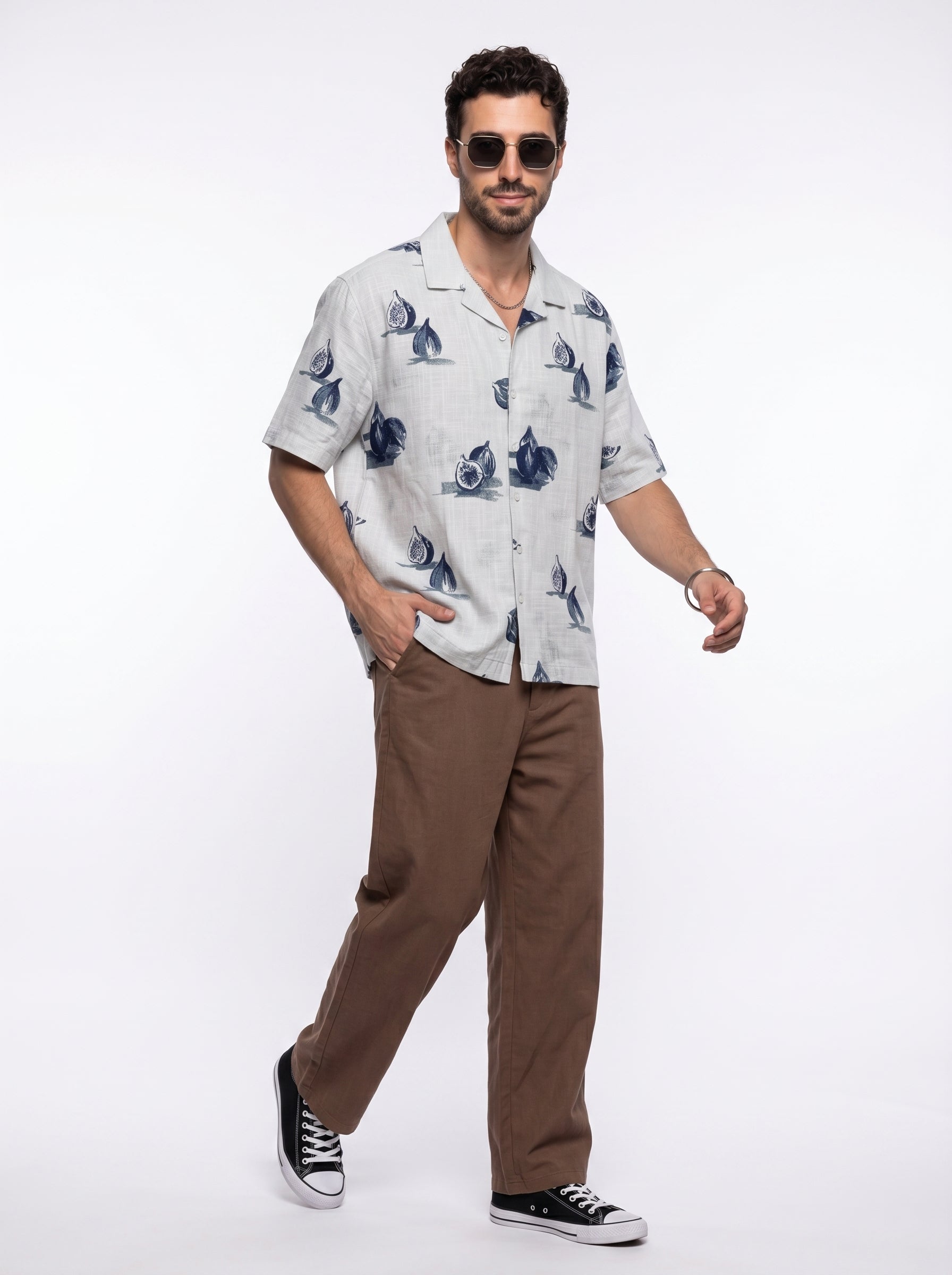 Blue Conversational Print Cotton Cuban Collar Oversized Men's Shirt