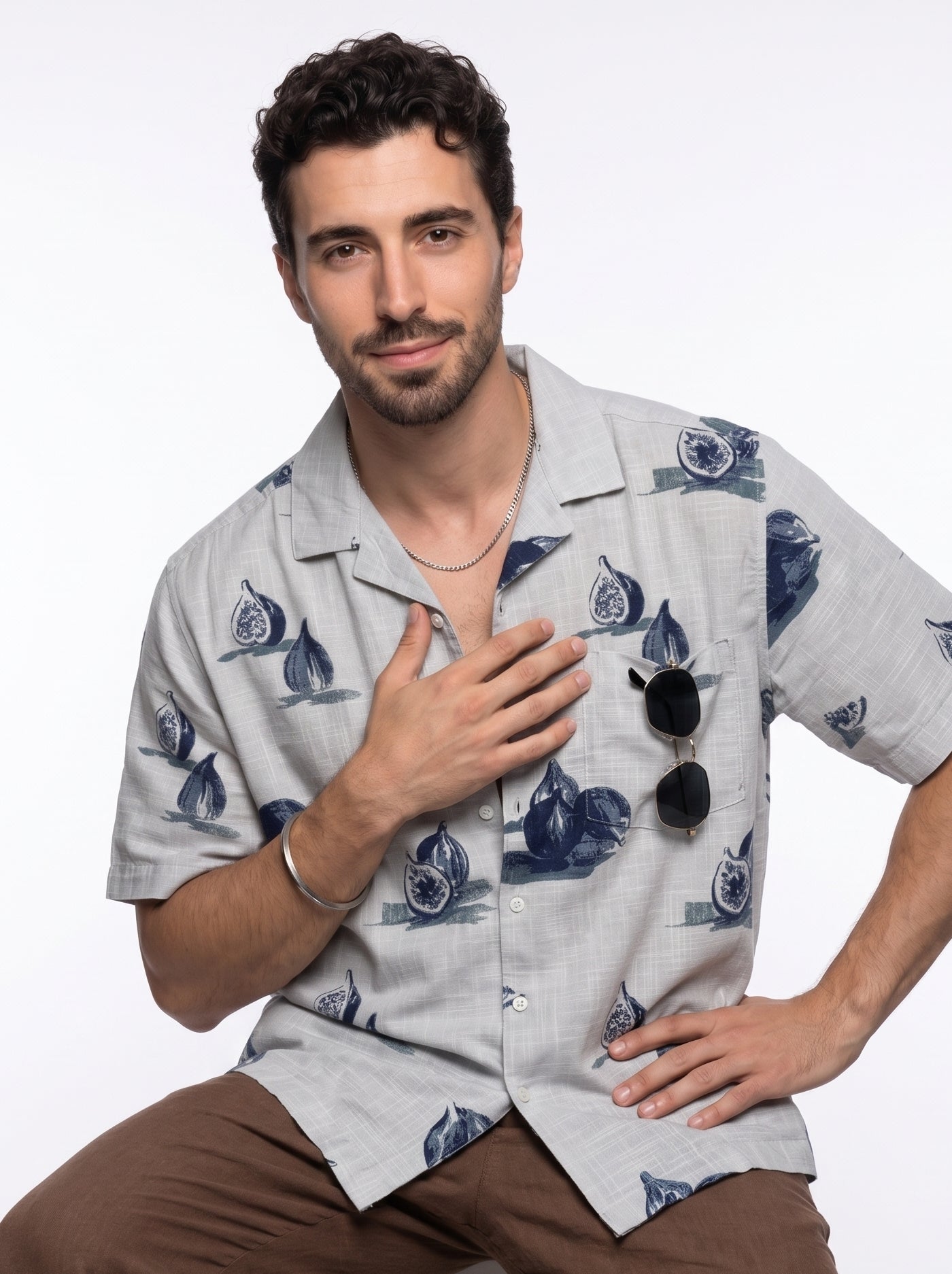 Blue Conversational Print Cotton Cuban Collar Oversized Men's Shirt