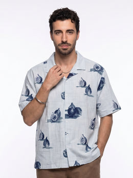 Blue Conversational Print Cotton Cuban Collar Oversized Men's Shirt