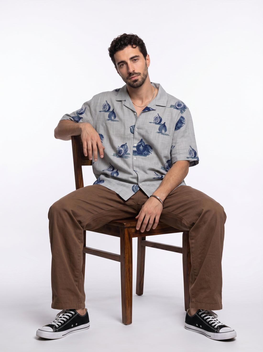 Blue Conversational Print Cotton Cuban Collar Oversized Men's Shirt