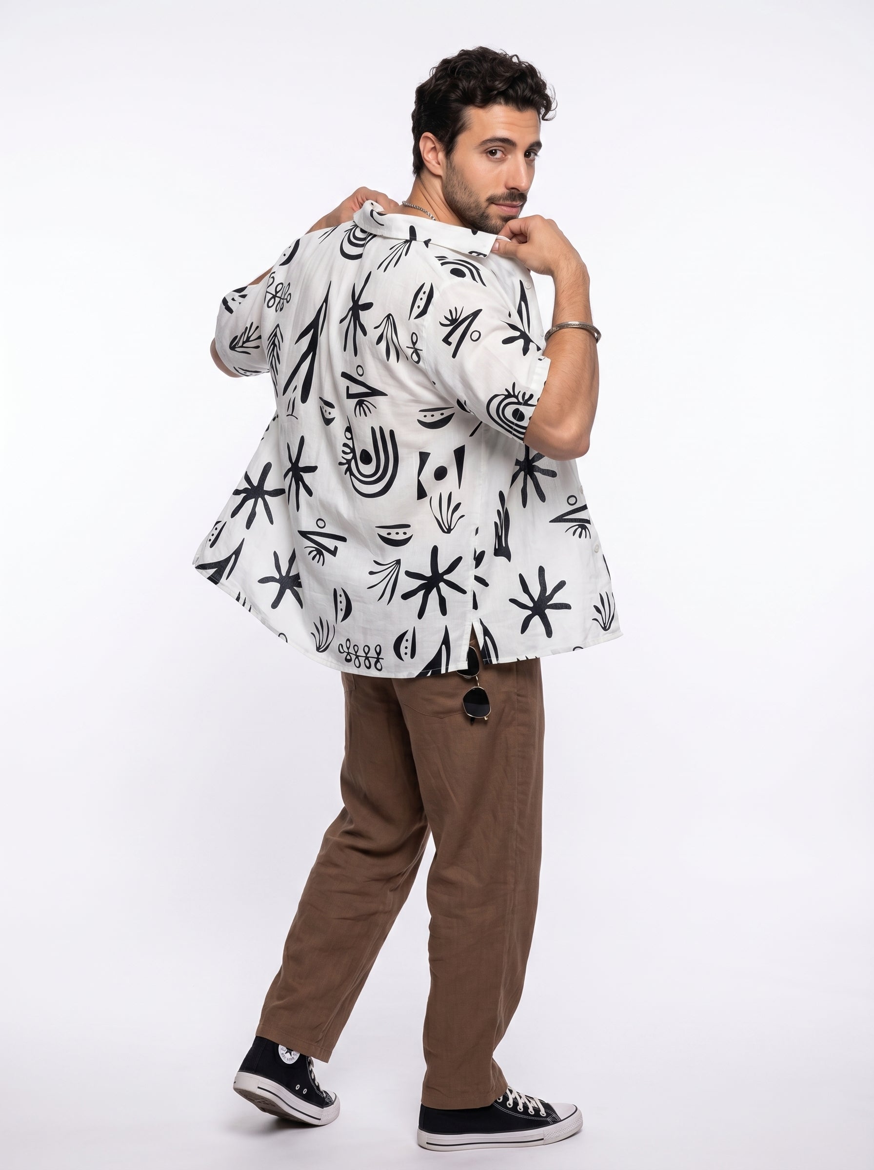 White Abstract Print Cotton Cuban Collar Oversized Men's Shirt