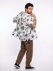White Abstract Print Cotton Cuban Collar Oversized Men's Shirt