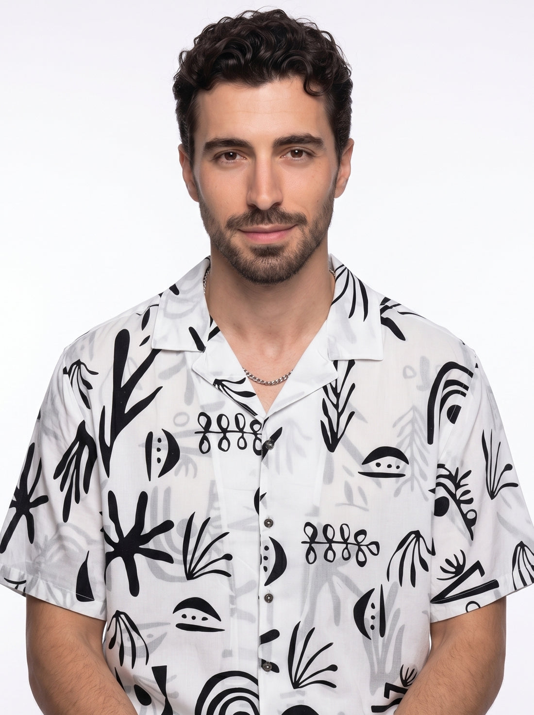 White Abstract Print Cotton Cuban Collar Oversized Men's Shirt