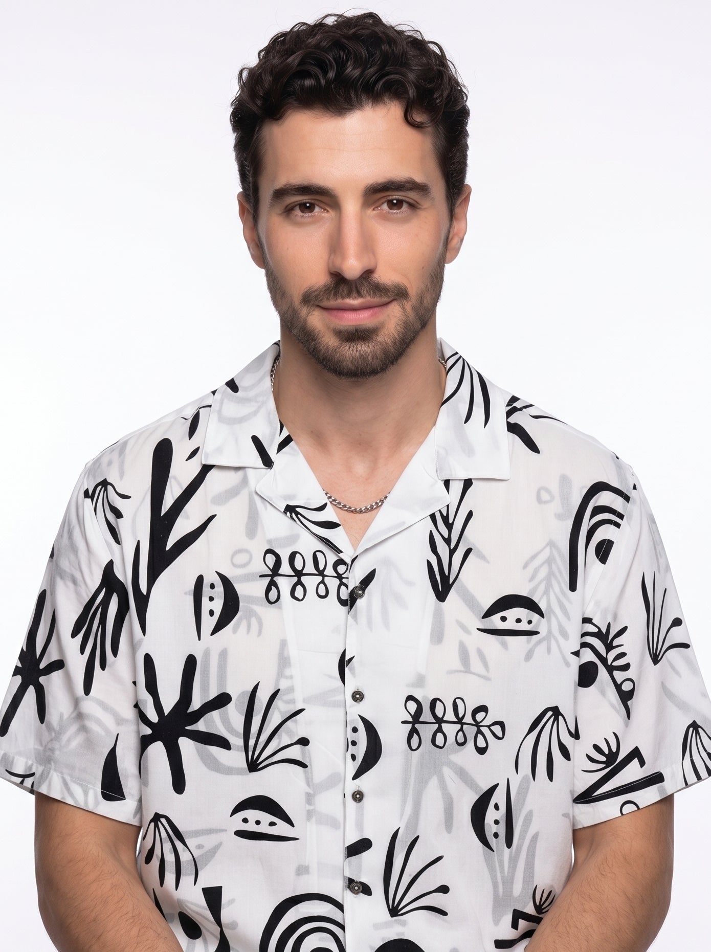 White Abstract Print Cotton Cuban Collar Oversized Men's Shirt