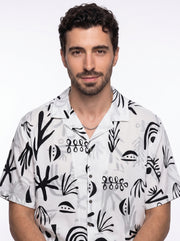 White Abstract Print Cotton Cuban Collar Oversized Men's Shirt