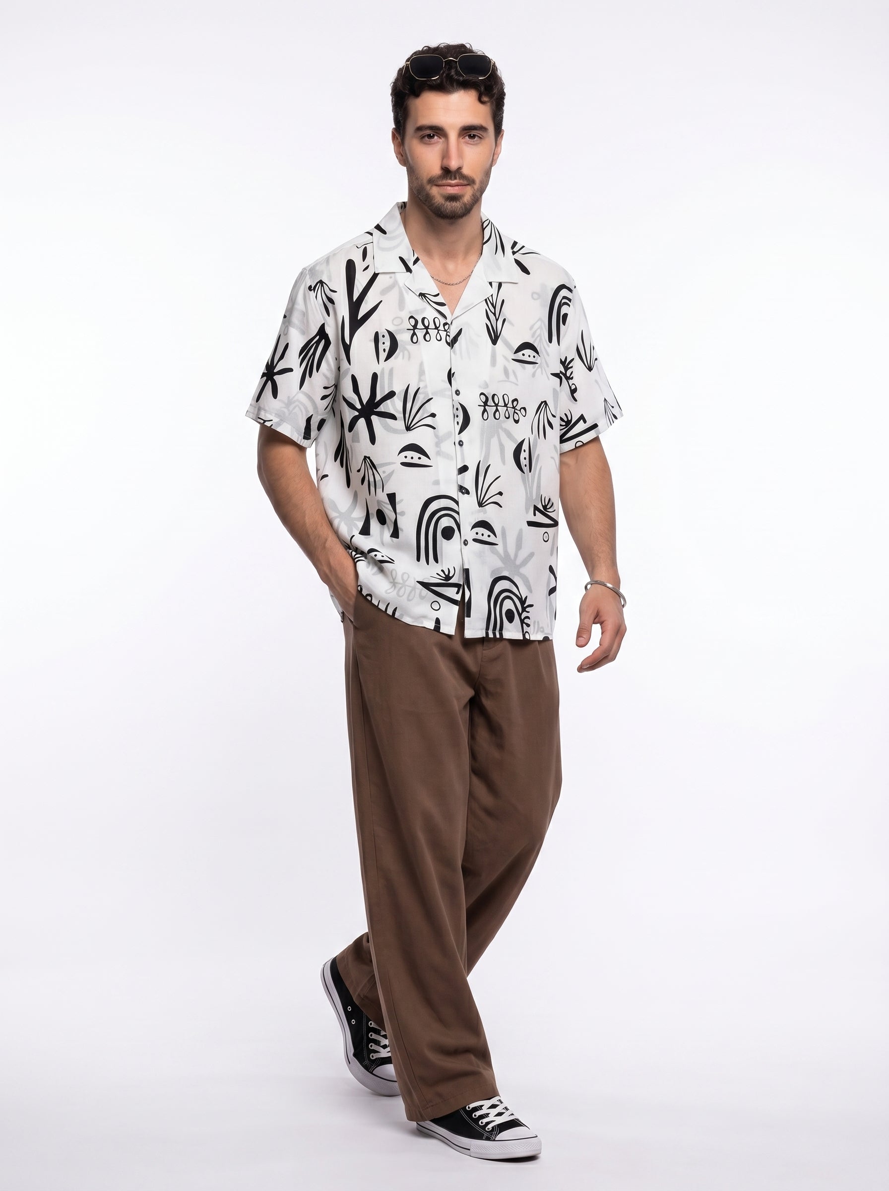 White Abstract Print Cotton Cuban Collar Oversized Men's Shirt