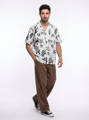 White Abstract Print Cotton Cuban Collar Oversized Men's Shirt
