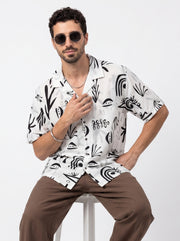 White Abstract Print Cotton Cuban Collar Oversized Men's Shirt