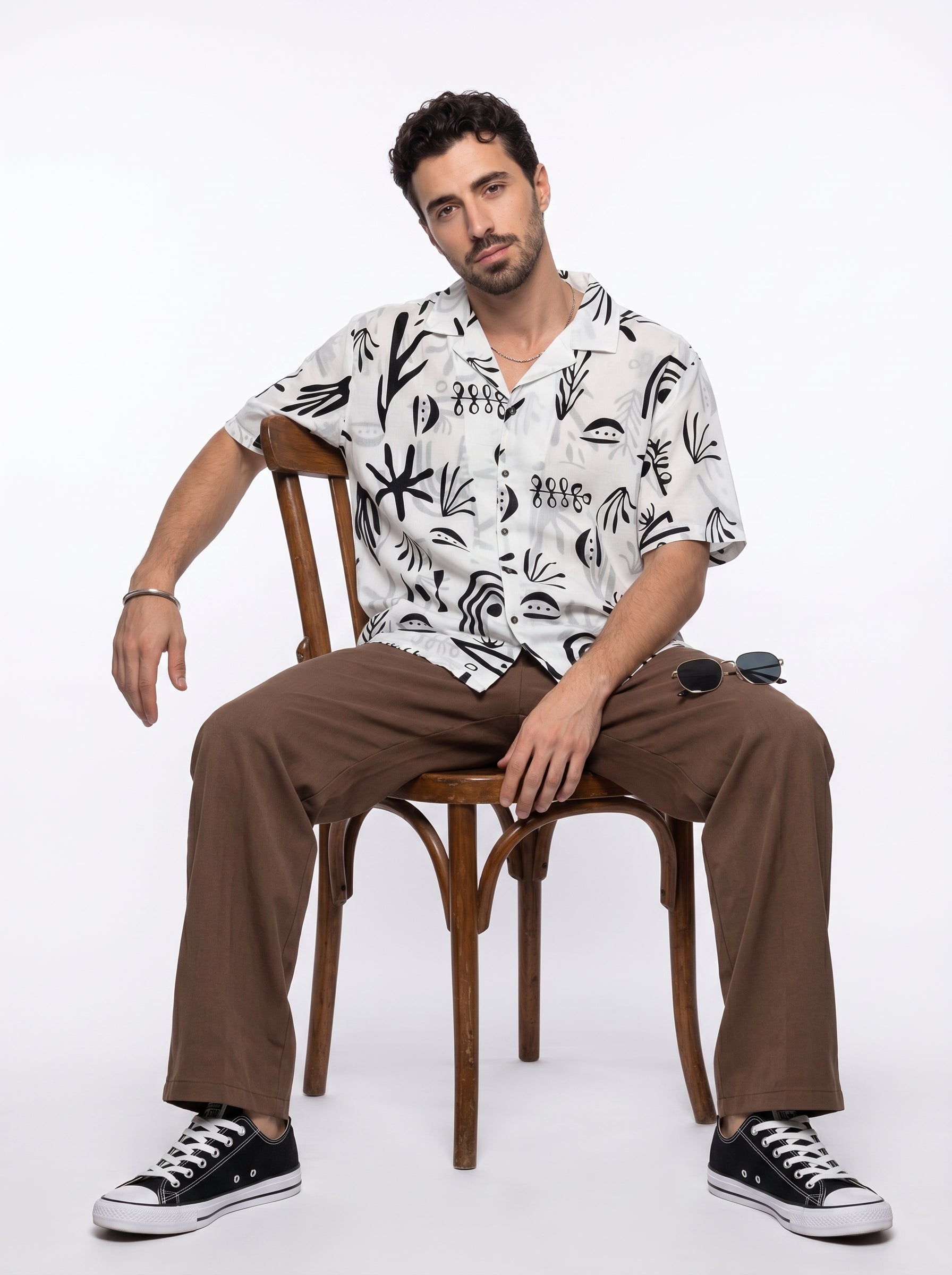 White Abstract Print Cotton Cuban Collar Oversized Men's Shirt