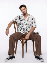 White Abstract Print Cotton Cuban Collar Oversized Men's Shirt