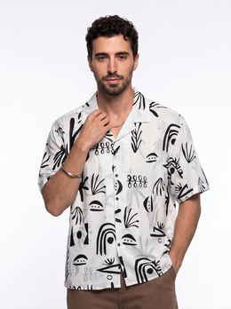 White Abstract Print Cotton Cuban Collar Oversized Men's Shirt