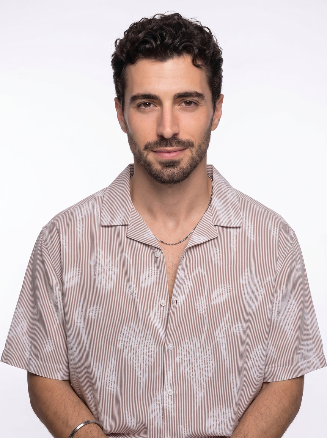 Rust Floral Striped Cuban Collar Handloom Cotton Oversized Men's Shirt