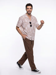 Rust Floral Striped Cuban Collar Handloom Cotton Oversized Men's Shirt