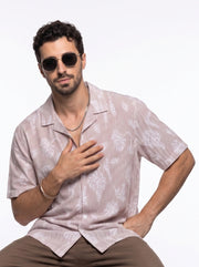 Rust Floral Striped Cuban Collar Handloom Cotton Oversized Men's Shirt