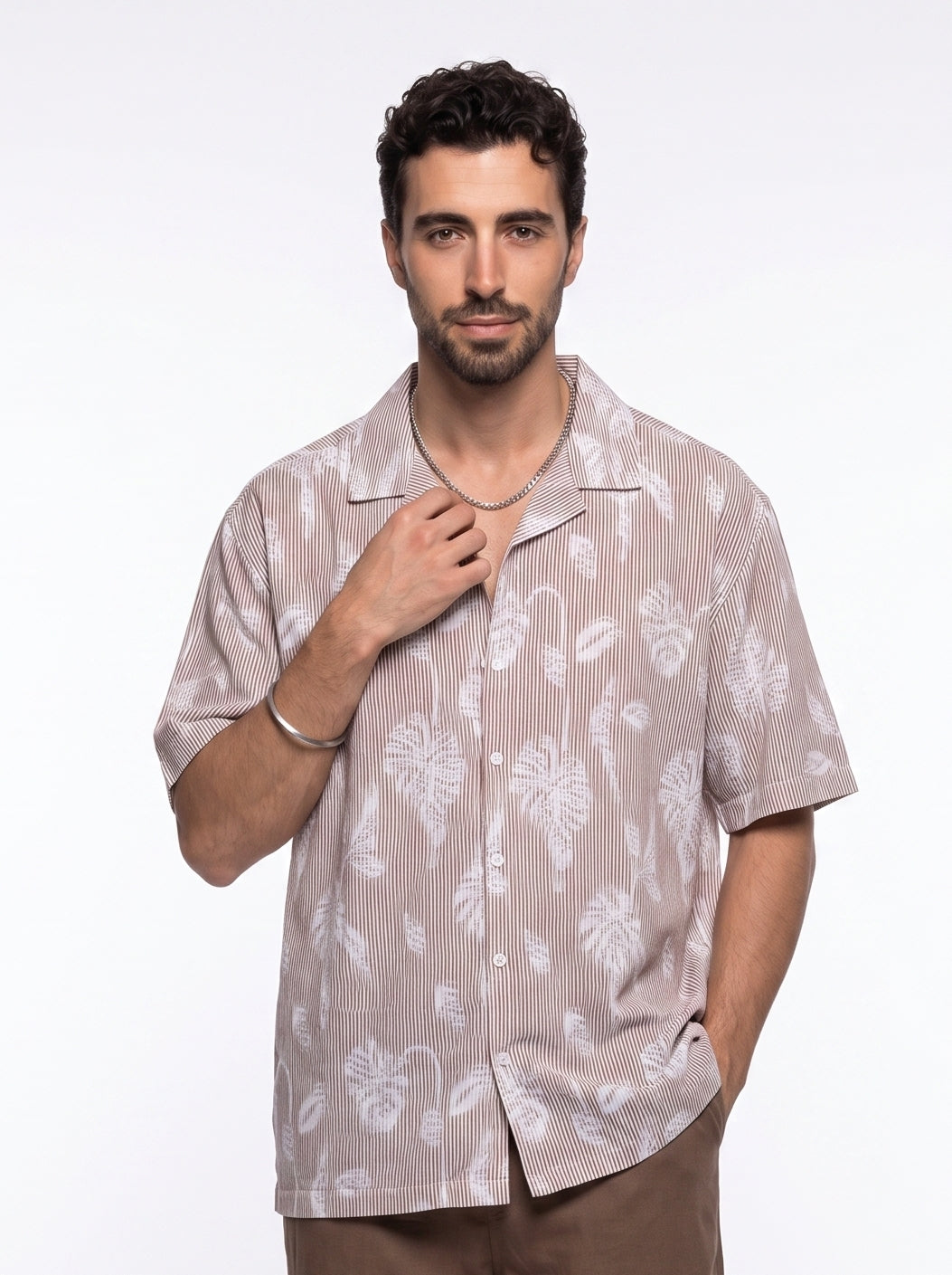 Rust Floral Striped Cuban Collar Handloom Cotton Oversized Men's Shirt
