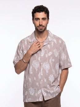 Rust Floral Striped Cuban Collar Handloom Cotton Oversized Men's Shirt
