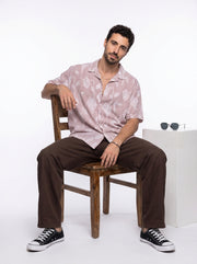 Rust Floral Striped Cuban Collar Handloom Cotton Oversized Men's Shirt
