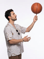 Beige Floral Print Pure Cotton Cuban Collar Oversized Men's Shirt