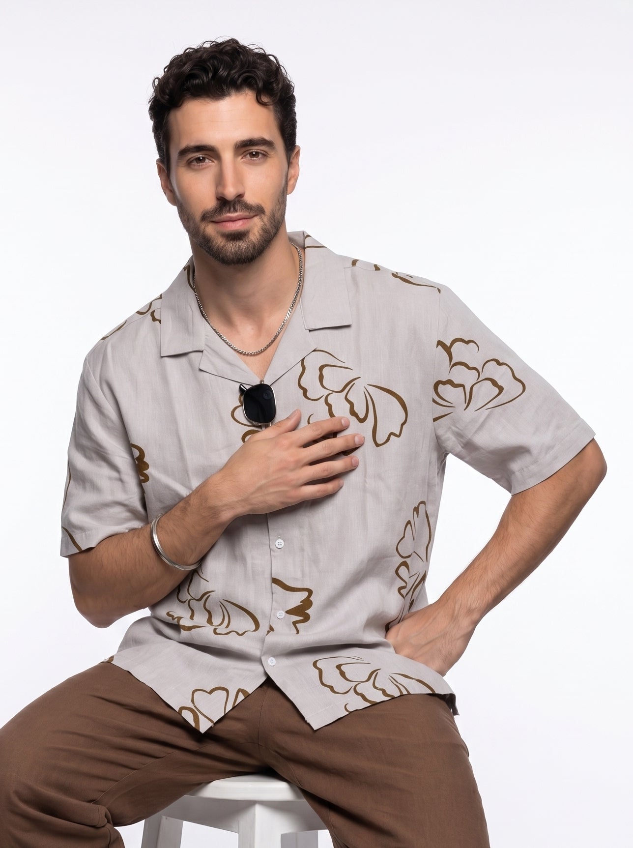 Beige Floral Print Pure Cotton Cuban Collar Oversized Men's Shirt