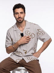 Beige Floral Print Pure Cotton Cuban Collar Oversized Men's Shirt