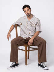 Beige Floral Print Pure Cotton Cuban Collar Oversized Men's Shirt